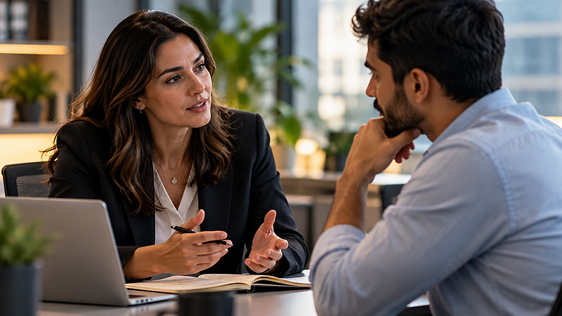 Manager having a constructive one-to-one coaching discussion in a calm workplace